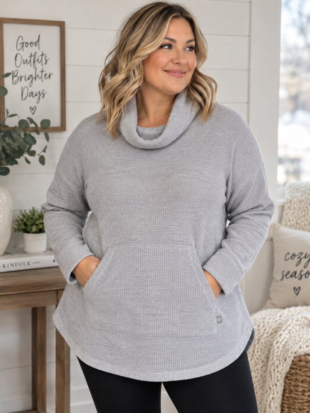 743 - T by Talbots Grey Waffle Knit Cowl Neck Tunic Pullover Sweater